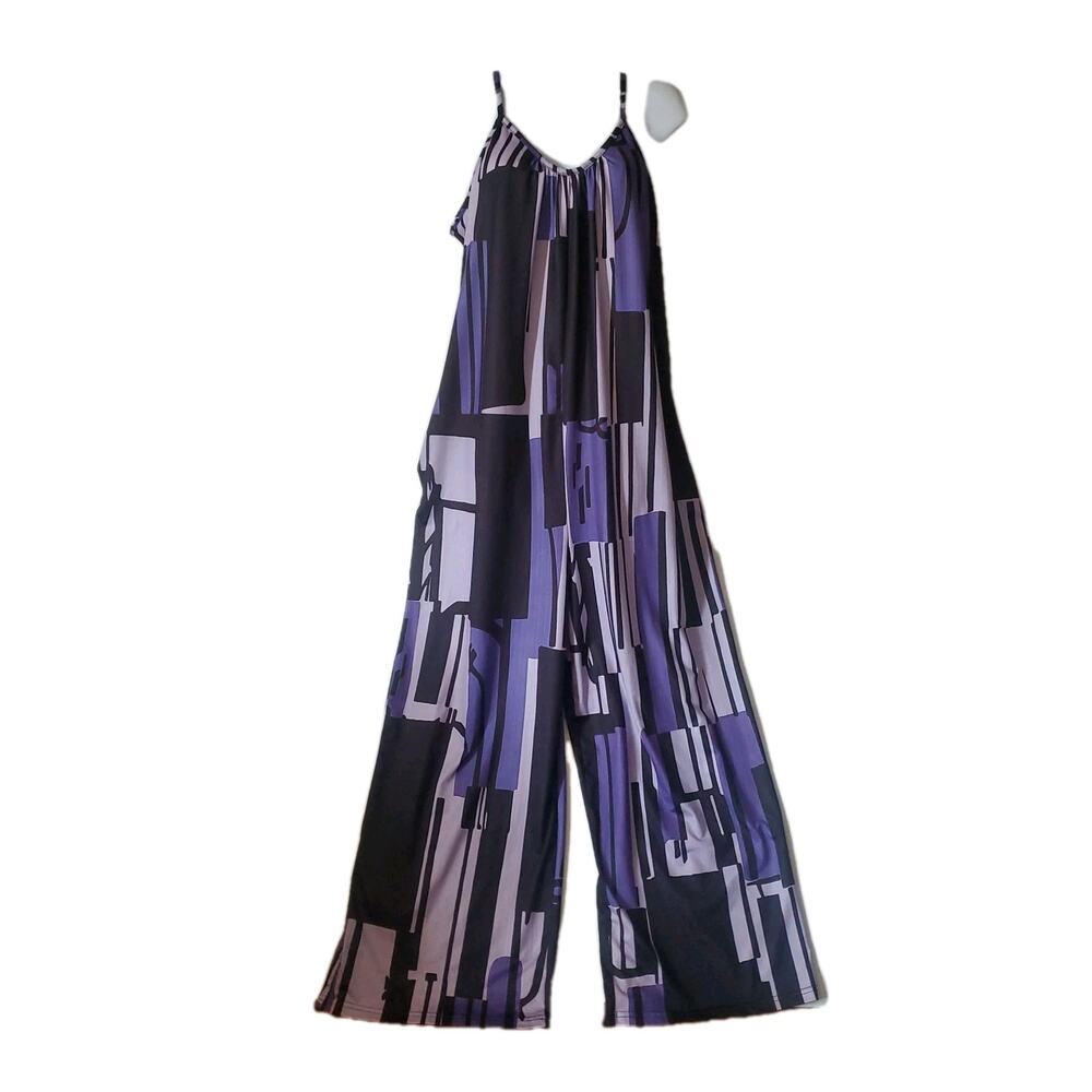 Women's XL Purple Black Geometric Pattern Pockets Spaghetti Strap Jumpsuit